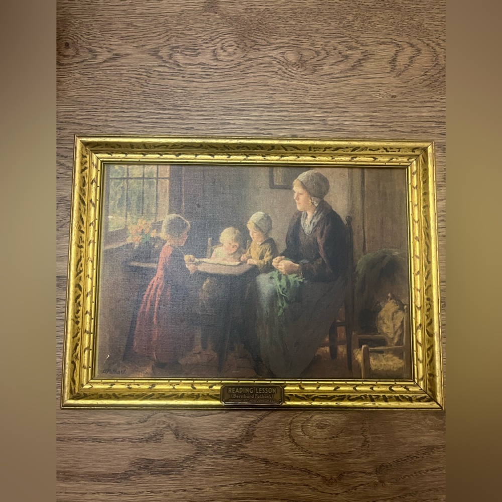 Framed Vintage 'Reading Lesson' Family Scene Wall Art Print
